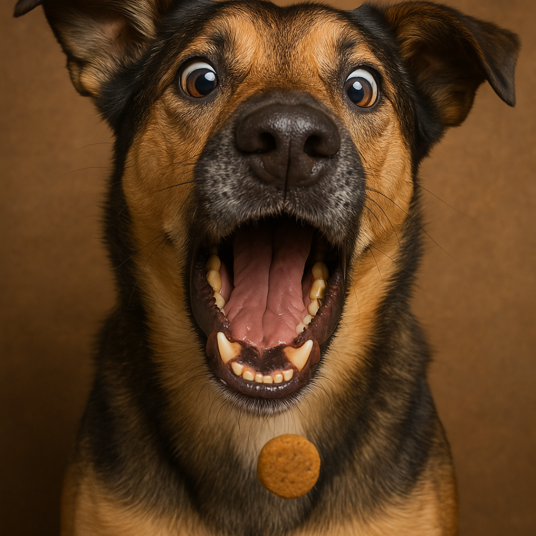 dog eating a cheese and bacon flavor sourdough dog treat